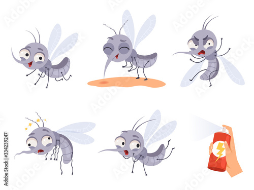 Mosquito cartoon. Warning flying insects dangerous little animals vector illustrations. Insect animal bite, pest gnat and mosquito collection