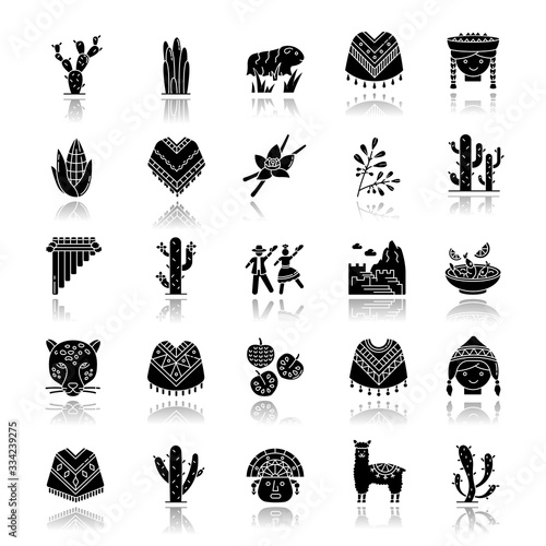 Peru drop shadow black glyph icons set. Andean country sights, traditions, cuisine, agriculture, animals. Siku, cherimoya, jaguar, incas, marinera. Isolated vector illustrations on white space