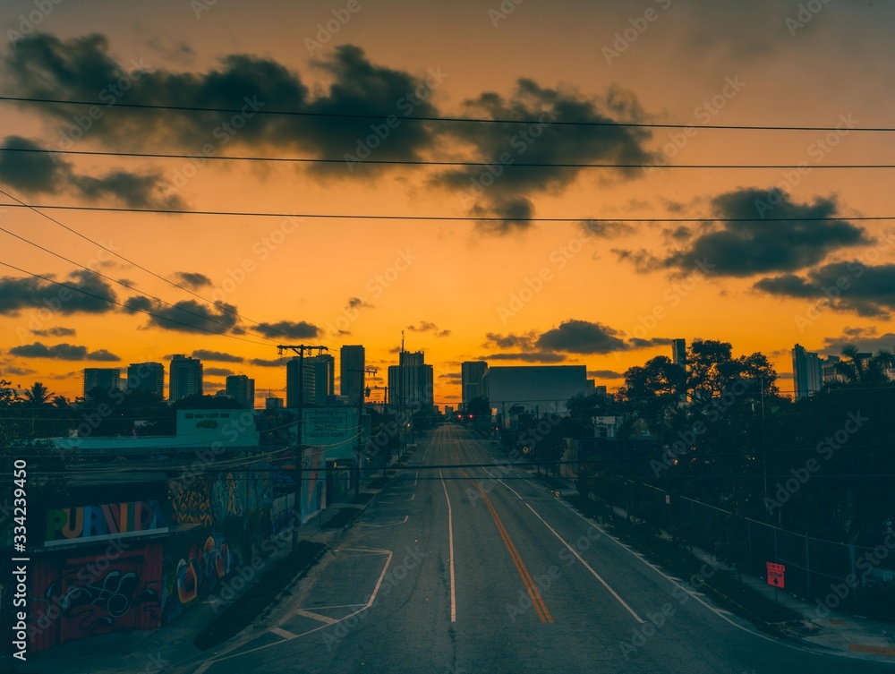 sunrise road street city wynwood miami florida highway sky clouds buildings architecture skyscraper coronavirus sunset urban street skyline dusk landscape