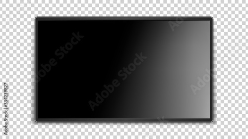 Black screen. Realistic glossy surface, dark thin LED TV. Blank television monitor vector mockup. Black plasma equipment, glossy monitor tv illustration
