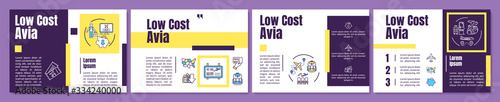 Low cost avia brochure template. Economy class travel, budget tourism flyer, booklet, leaflet print, cover design with linear icons. Vector layouts for magazines, annual reports, advertising posters