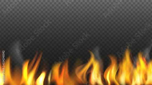 Realistic fire background. Flame isolated on transparent background. Burning light vector illustration. Fire light for design, flame fiery burn