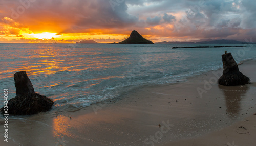 Sunrise Mokolii Island aka Chinaman's Hat on Kāne'ohe Bay,  Kualoa Point State Recreation Area,Oahu, Hawaii, USA photo