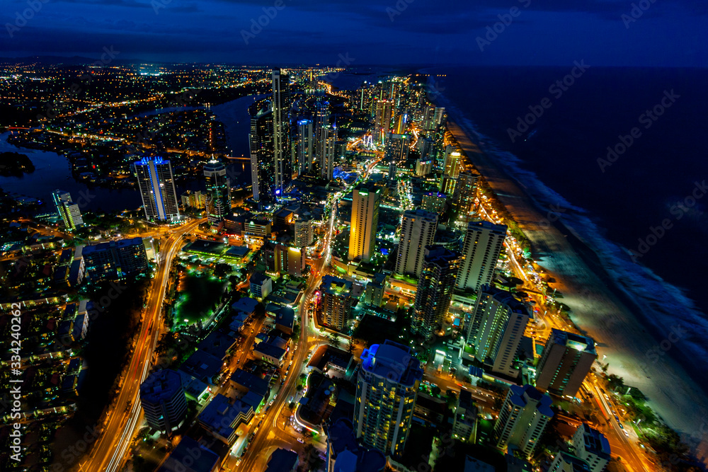 Fototapeta premium Surfers paradise Australia at night. Ariel view.