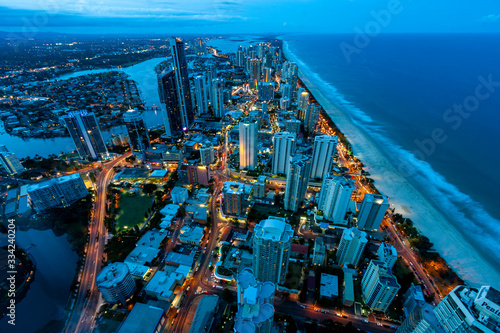 Surfers paradise Australia at night. Ariel view.