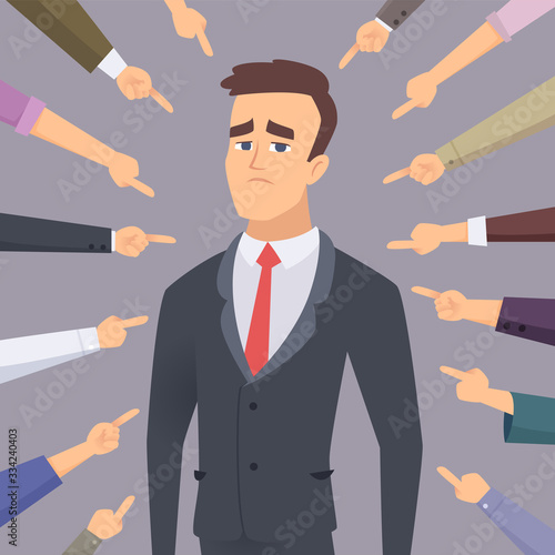 Ashamed. Problem man pointing to businessman ashamed guilty conflict foolish people fear employee vector concept. Problem ashamed, shame and accusation, guilty and blame illustration
