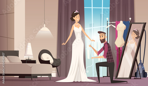 Fitting wedding dress. Dressmaker making dress for beauty bride tailor workshop clothes vector cartoon background. Wedding dress beauty, bride fitting illustration