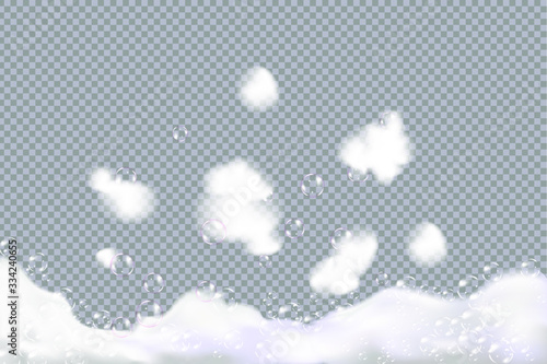 Bath foam isolated on transparent background. Shampoo bubbles texture.Sparkling shampoo and bath lather vector illustration.