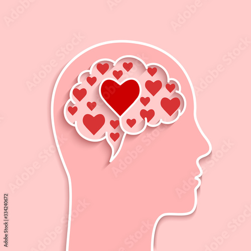 Head and brain silhouette with hearts as love concept