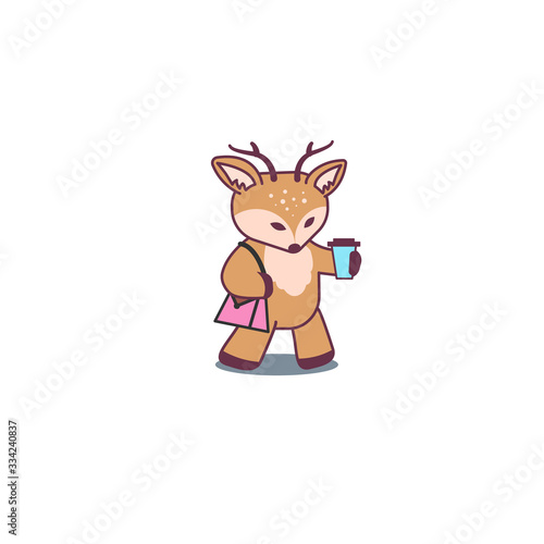 Cute deer standing with bag and coffee. Flat cartoon isolated illustration  logo  icon. Useful for print  t-shirt  stickers.