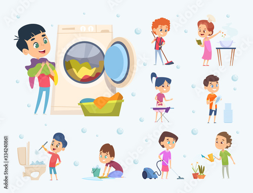 Children housework. Little kids boys and girls helping sweeping showering floor wash furniture and toys vector cartoon. Housework and housekeeping, chores clean illustration