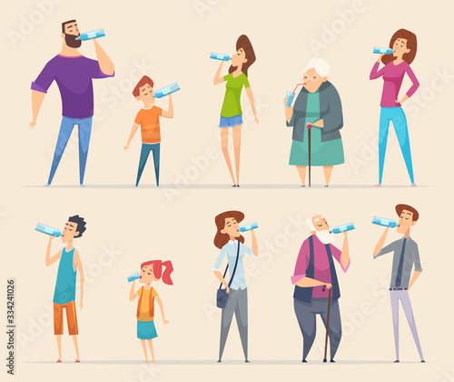 People water drinking. Young persons male female and kids eating healthy natural water refreshing life vector characters. Illustration drink water bottle, liquid hydration