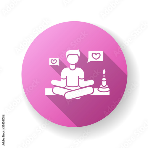 Lifestyle guru pink flat design long shadow glyph icon. Person in meditation pose getting likes. Harmony and stress relief. Life coach. Zen and yoga. Silhouette RGB color illustration
