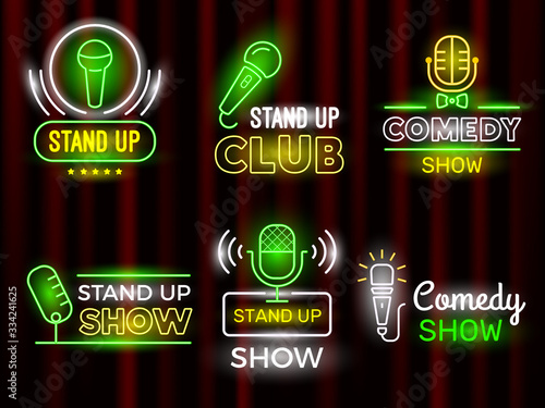 Standup comedy. Open microphone comedian symbols vector neon logotype set. Microphone comedy, comedian open club symbol, signboard standup illustration