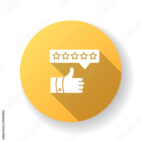 Product review yellow flat design long shadow glyph icon. Thumbs up. Five star film. Excellent quality. Customer satisfaction rate. Assessment and evaluation. Silhouette RGB color illustration
