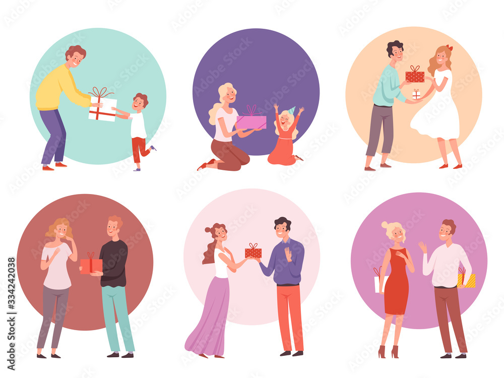 Giving gifts. Family presenting surprize for kids happy couples with gifts vector characters. Family present and celebration, holiday birthday with gifts illustration Giving gifts. Family presenting surprize for kids happy couples with gifts vector characters. Family present and celebration, holiday birthday with gifts illustration