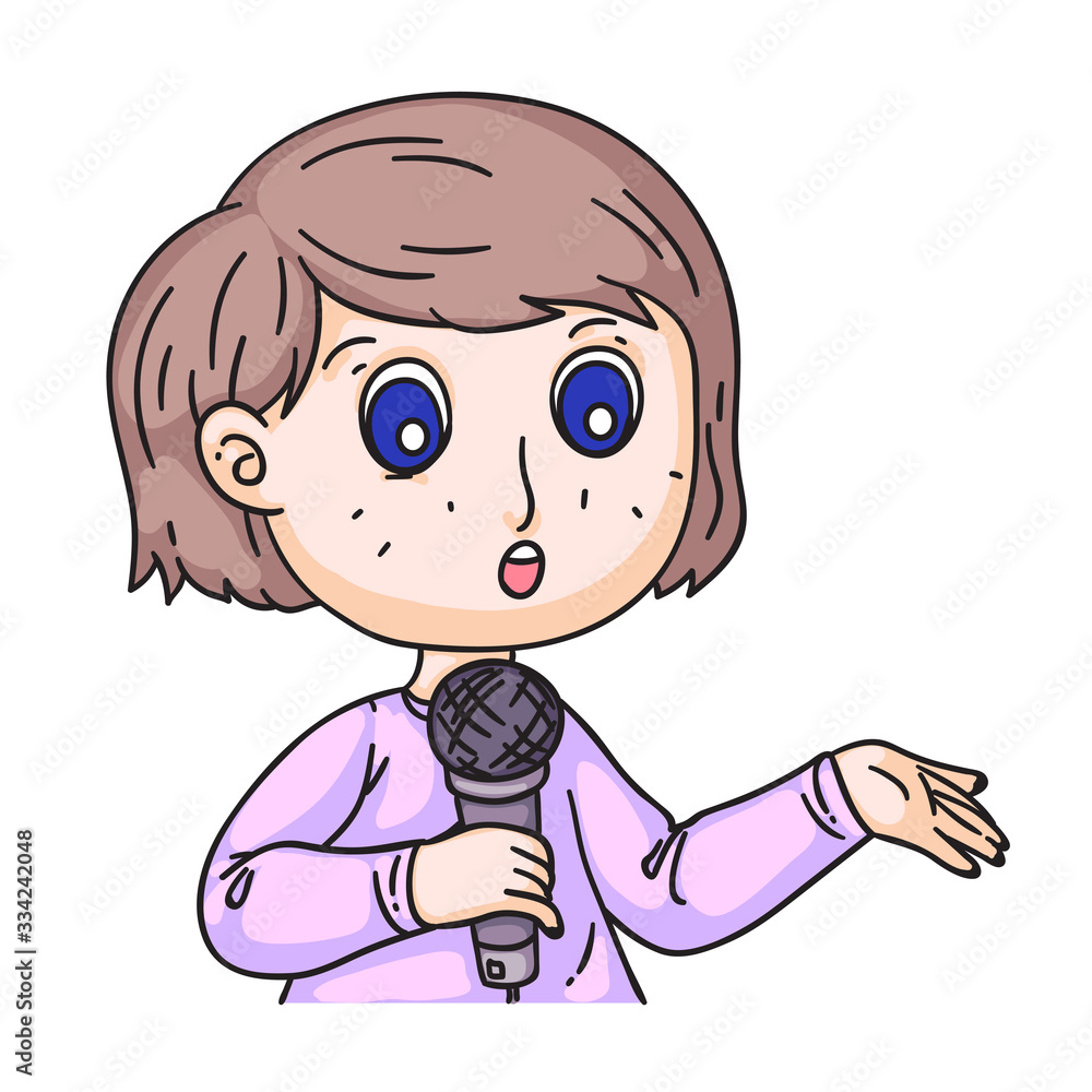 Girl reporter talking in mic isolated on white Girl reporter talking in mic isolated on white