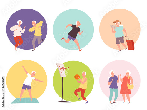 Old people lifestyle. Happy elder persons seniors healthy activities. Vector characters action poses. Illustration happy people, grandmother and pensioner