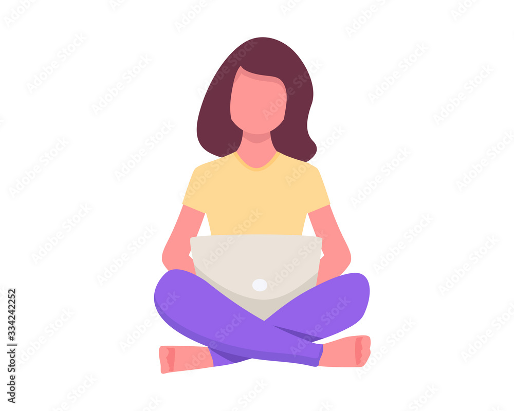 Girl with laptop on the chair sitting with laptop in lotus position. Freelance or studying concept. on the notebook, studying, browsing internet chatting. Young woman working. illustration flat style Girl with laptop on the chair sitting with laptop in lotus position. Freelance or studying concept. on the notebook, studying, browsing internet chatting. Young woman working. illustration flat style