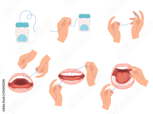 Floss dental. Steps how to use hygiene floss for teeth medical dentist vector infographic scheme. Dental clean mouth, medical flossing care illustration