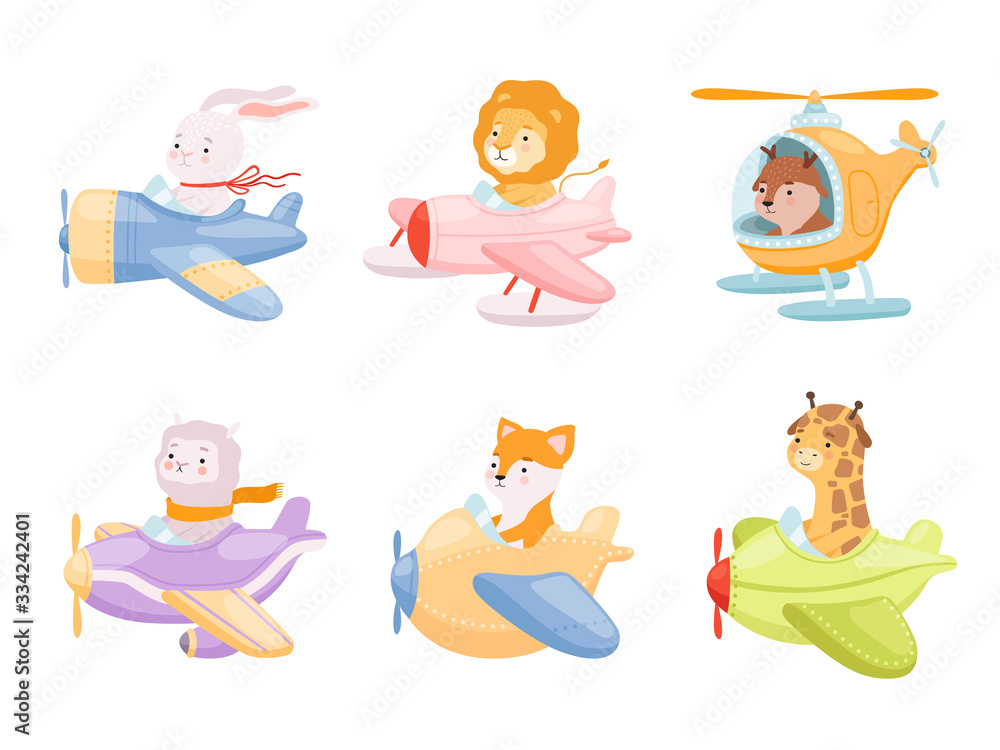 Animals pilots. Cute funny characters in airplanes avia transport flight heroes vector mascot collections. Character aircraft in sky, flight airplane illustration