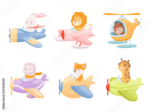 Animals pilots. Cute funny characters in airplanes avia transport flight heroes vector mascot collections. Character aircraft in sky, flight airplane illustration