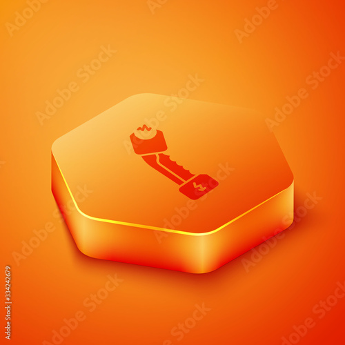 Isometric Police electric shocker icon isolated on orange background. Shocker for protection. Taser is an electric weapon. Orange hexagon button. Vector Illustration