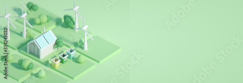 3d rendered illustration cartoon style, future ecological environment concept, passive house with energy saving and energy efficiency solar panels, wind mills on backround . low poly, space for text