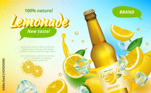 Lemone ads. Yellow flowing juice splashes and half of healthy fruits drinks advertising vector poster. Fruit lemon drink, fresh citrus lemonade, banner and poster illustration
