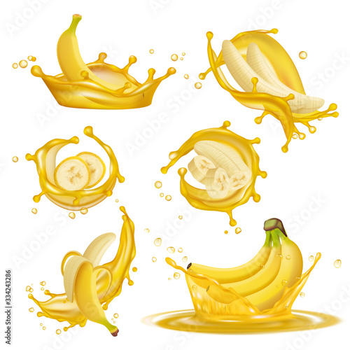 Banana juice. Liquid yellow drops from bannanas juice healthy fruits exotic desserts dripping 3d vector realistic promotional pictures. Illustration banana and liquid fresh juice