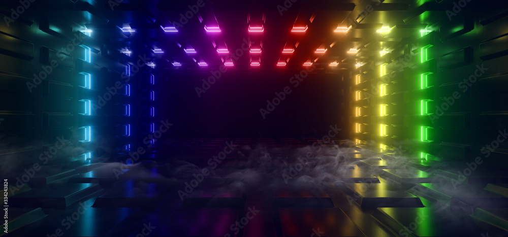 Smoke Sci Fi Futuristic Metal Reflective Schematic Textured Motherboard Floor Realistic Modern Neon Glowing Laser Lines Beams Blue Red Rainbow Electric Shape Empty Background 3D Rendering