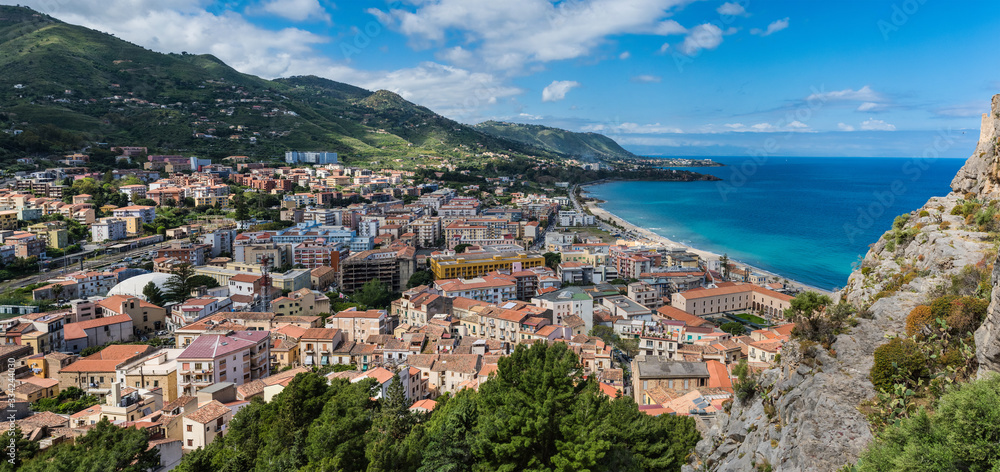 Aerial view of Cefalu in Sicily from Rocca di Cefalu, Italy;