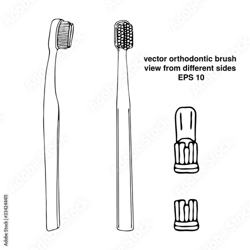 Orthodontic toothbrush with recess. View from different sides. Personal products for cleaning dental braces. Vector isolated template flat doodle realistic drawing black outline white background icon