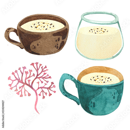 Tablou canvas Watercolor clipart of irish sea moss milk drinks