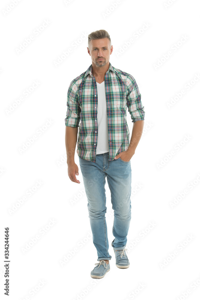 Confident in himself. Confident man isolated on white. Confident look of fashion man. Casual fashion trend. Fashion and style. Mens wardrobe for everyday life. Live confident lifestyle Confident in himself. Confident man isolated on white. Confident look of fashion man. Casual fashion trend. Fashion and style. Mens wardrobe for everyday life. Live confident lifestyle