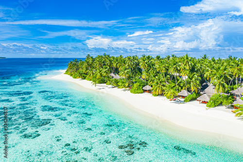 Maldives aerial island landscape. Tropical beach view from drone or plane. Exotic nature  palm trees over white sand close to coral reef  blue sea  lagoon
