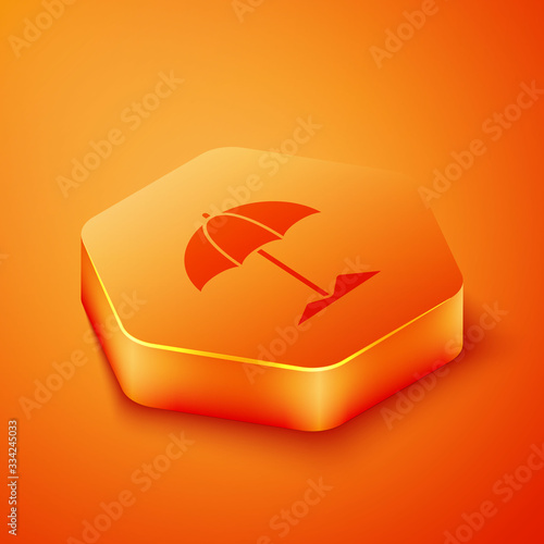 Isometric Sun protective umbrella for beach icon isolated on orange background. Large parasol for outdoor space. Beach umbrella. Orange hexagon button. Vector Illustration