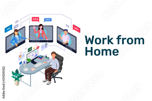 Work from Home Illustration. Isometric Teamwork distancing communication. Isometric Business worker character Collection. Vector