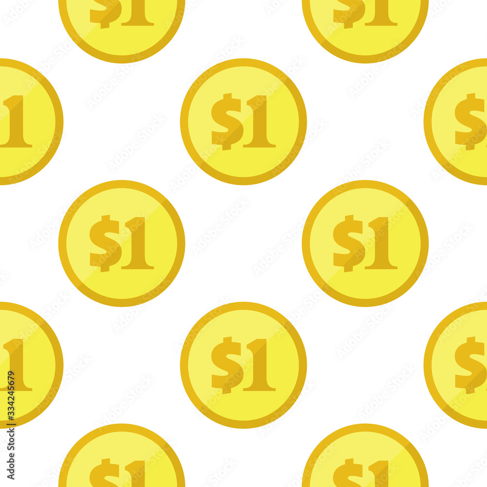Golden one dollar coins seamless pattern. Repeating background with USA currency symbols. Money icons on white. Vector eps8 illustration. Golden one dollar coins seamless pattern. Repeating background with USA currency symbols. Money icons on white. Vector eps8 illustration.