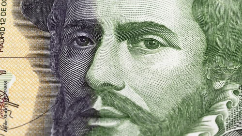 Hernan Cortes portrait on Spain 1000 peseta (1992) tracking. Slider shot. Low angle, 4K