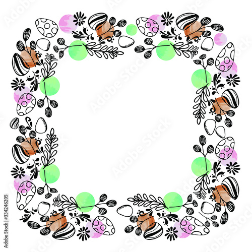 square frame, with an ornament of Easter eggs, leaves and branches. Drawn in ink in the style of doodle, zenart, decorated with watercolor stains of turquoise and pink