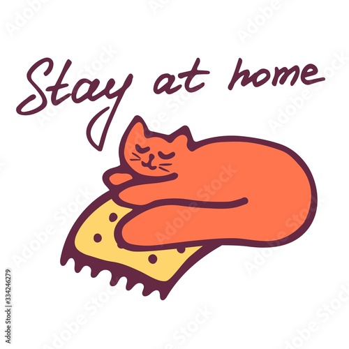 Stay home inspiration and cute cat icon. Hand drawn illustration. Novel coronavirus 2019-nCoV concept. Vector