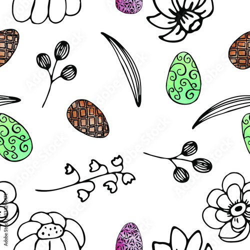Seamless pattern of eggs and plant elements, hand-drawn in ink, decorated with watercolor blots