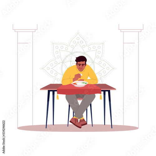 Young man enjoying indian food semi flat RGB color vector illustration. Traditional meal in India. Young asian guy eating rice with bare hands isolated cartoon character on white background
