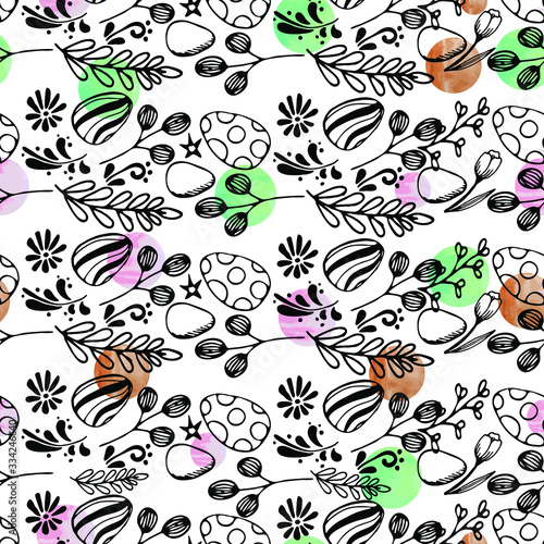 Seamless pattern of eggs and plant elements, hand-drawn in ink, decorated with watercolor blots