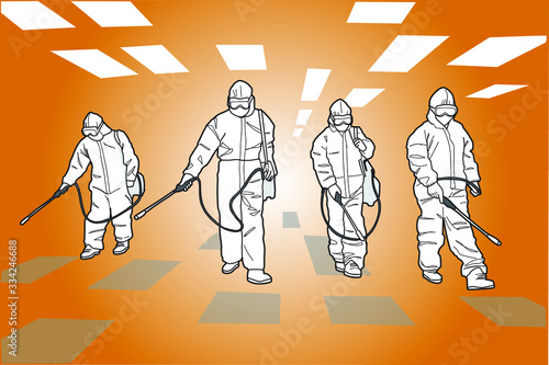 Hombre con equipos de desinfección biologica