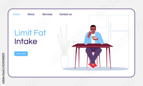 Limit fat intake landing page vector template. Healthy nutrition website interface idea with flat illustrations. Homepage layout. Obesity prevention tips cartoon web banner, webpage