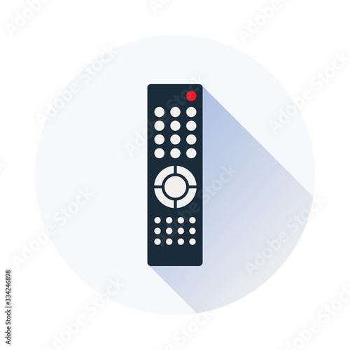 Remote control for TV or media center. Flat icon with long shadow inside the circle shape. Infrared controller symbol. Vector eps8 illustration.