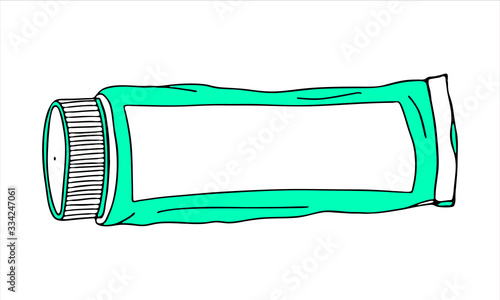 Mint toothpaste is dental product for personal oral hygiene at home in the bathroom. Large tube. Color vector isolated flat doodle realistic cartoon drawing with black outline on white background icon