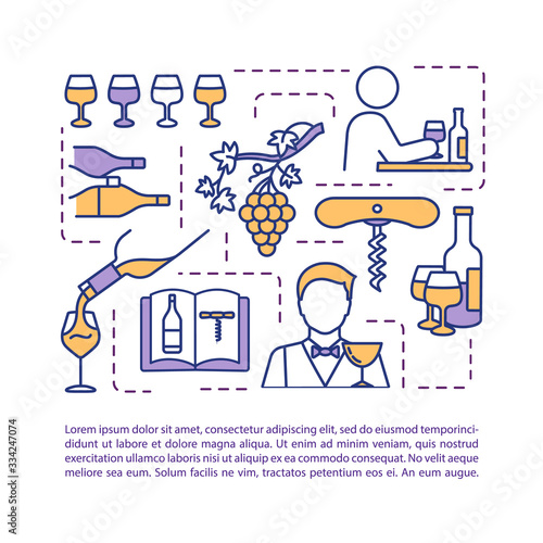 Wine tasting concept icon with text. Winemaking process. Restaurant beverage menu. Sommelier with glass. PPT page vector template. Brochure, magazine, booklet design element with linear illustrations